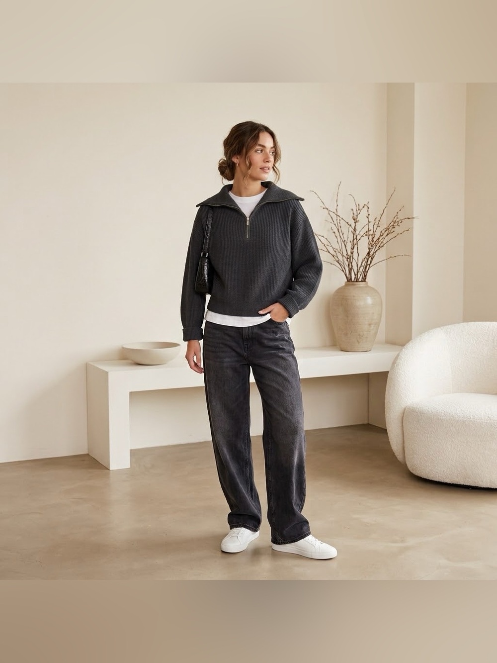 COS Wool Cotton Half-Zip Sweater Ribbed Knit Dark Grey Size L